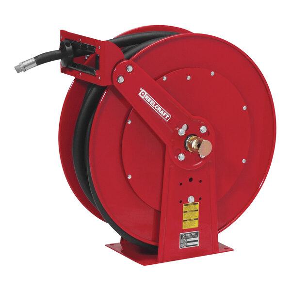 A red Reelcraft hose reel with a black hose.