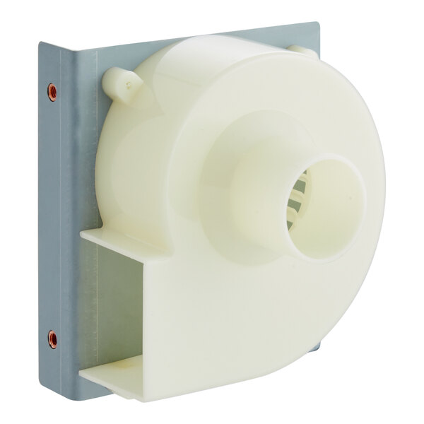 A white plastic Bunn fan and bracket assembly.