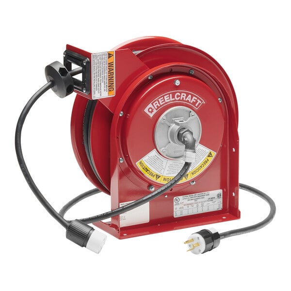 A red Reelcraft power cord reel with a black cord.