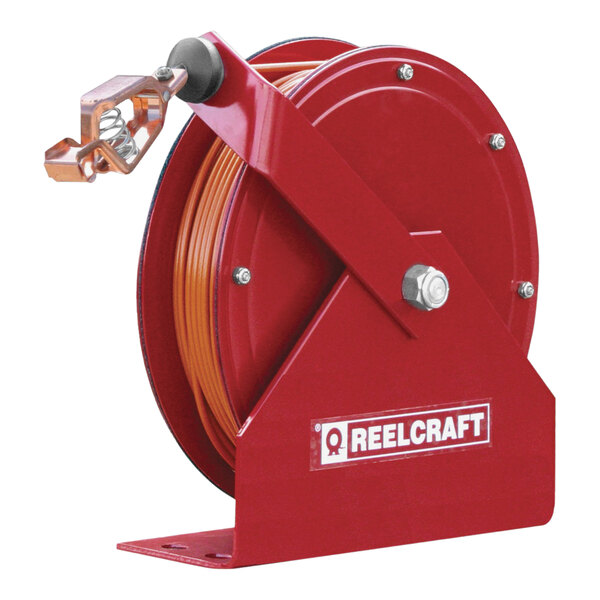 A red Reelcraft cord reel with a nylon-coated steel cable inside.