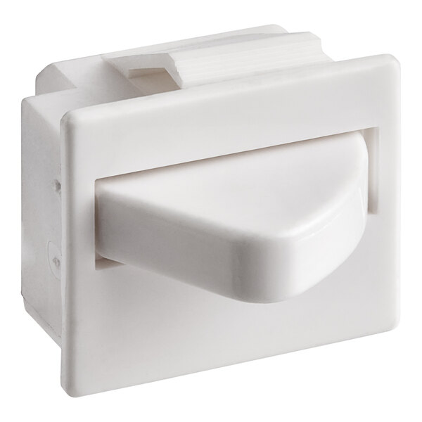 A Galaxy white plastic door switch with a white handle.