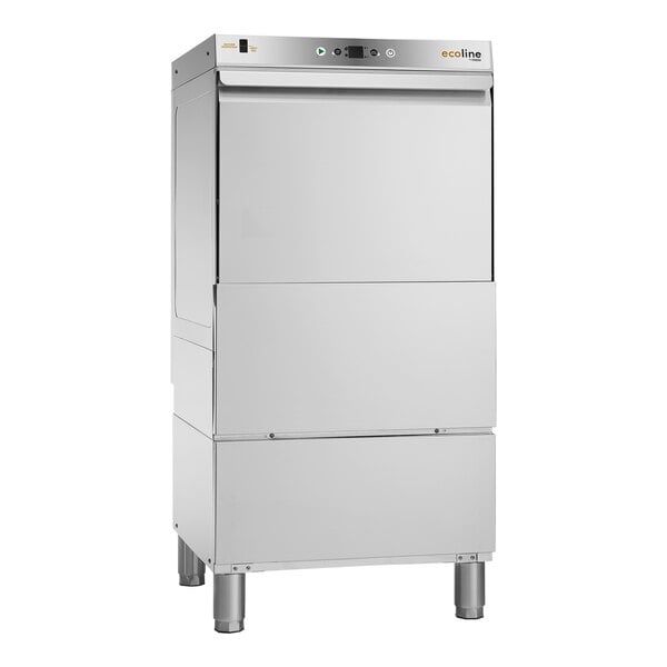A stainless steel Ecoline by Hobart undercounter dishwasher on a white background.
