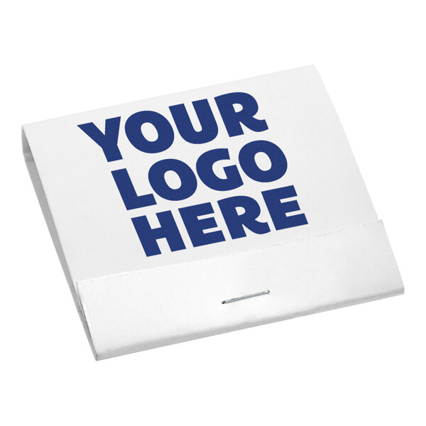 A white matchbook with blue text that says "Your logo here"