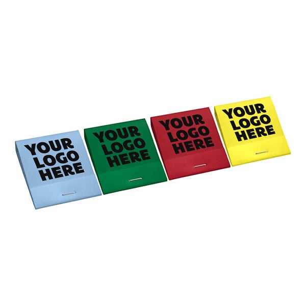 A group of colorful matchbooks with black text and a yellow sign that says "Your logo here."