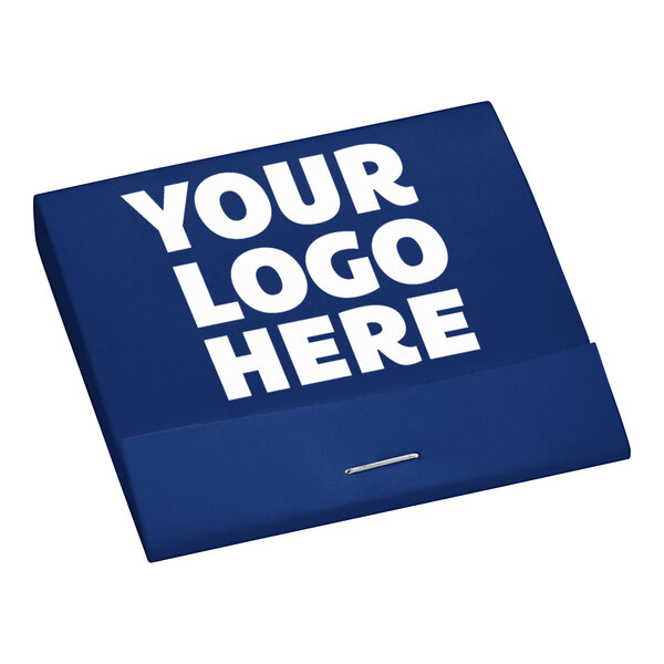 A blue matchbook with white text that says "Your Logo Here"