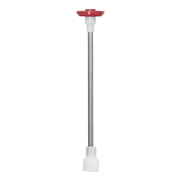 A long metal rod with a red plastic cap.
