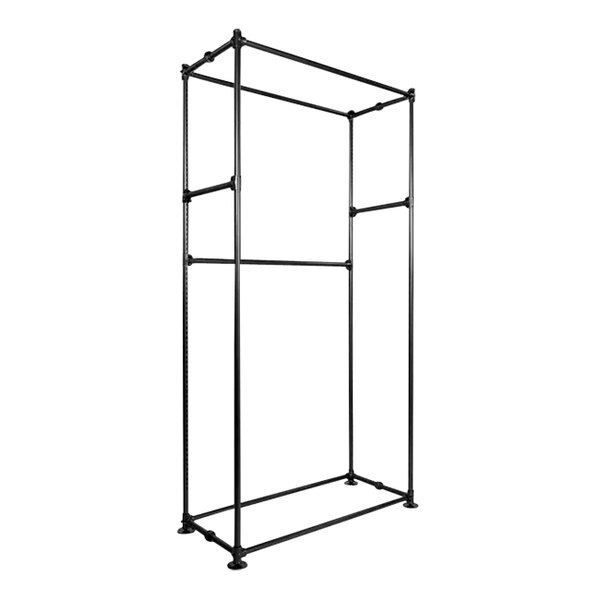 An anthracite gray metal freestanding rack with pipes and two shelves.