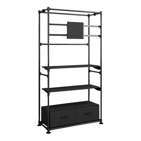 A black metal Econoco Pipeline shelving unit with 2 drawers and 2 shelves.