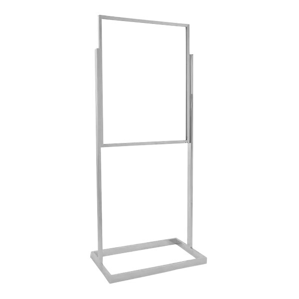 A satin chrome rectangular steel stand with a white rectangular bulletin sign holder on it.