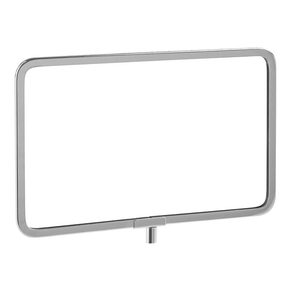 A chrome metal sign holder with round corners holding a white rectangular sign.