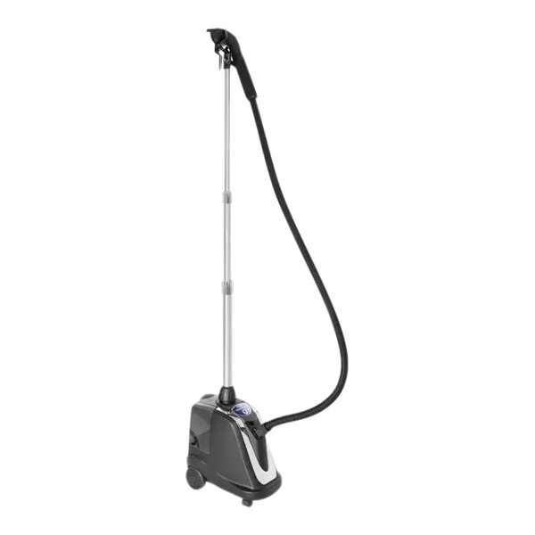 A white Econoco commercial garment steamer with a silver pole.
