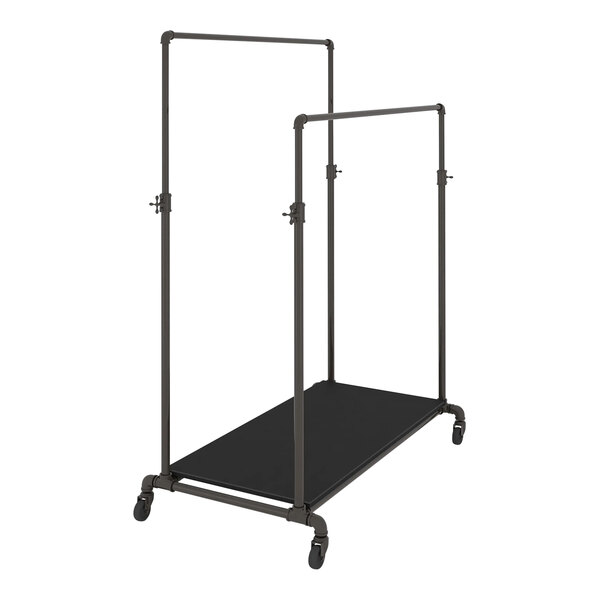 An Econoco black metal ballet garment rack with gray metal accents and wheels.