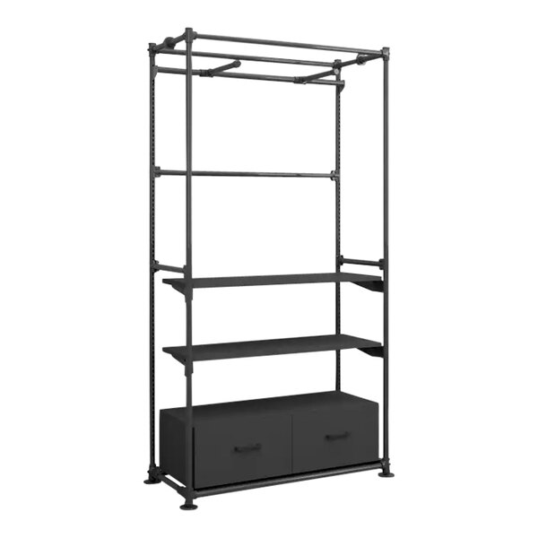 An anthracite gray metal freestanding merchandising unit with faceout garment bars, shelves, and drawers.