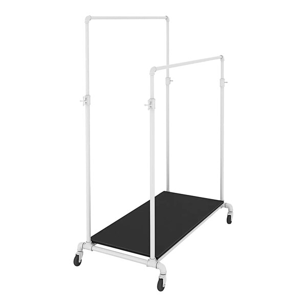 An Econoco Pipeline white and black metal clothing rack with wheels.
