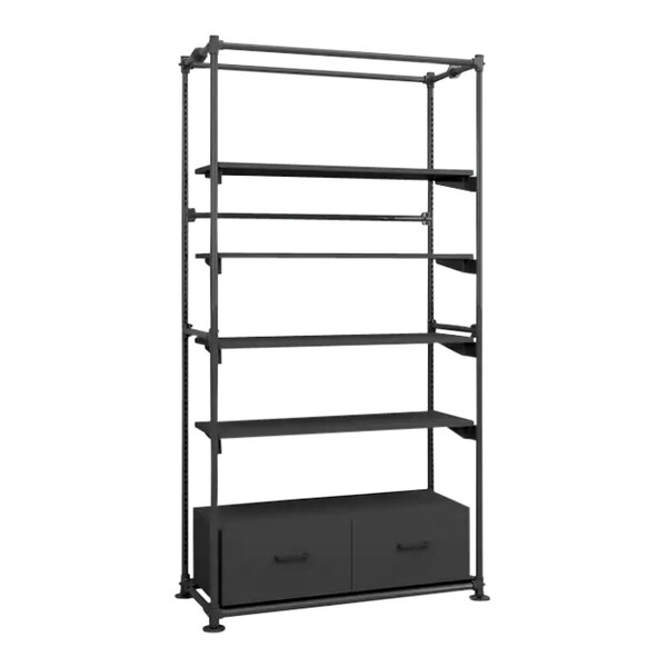 An anthracite gray metal shelving unit with shelves and drawers.