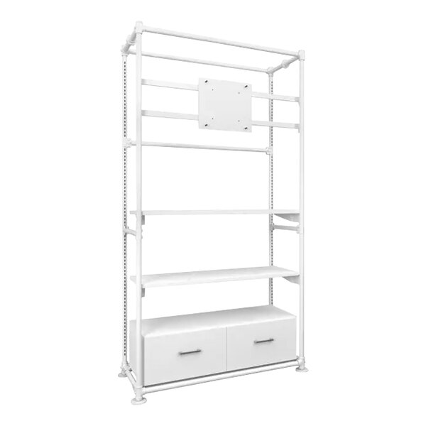 A white metal Econoco freestanding shelving unit with 2 drawers and 2 shelves.