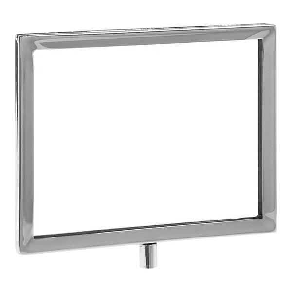 A chrome metal sign holder with mitered corners holding a white sign.