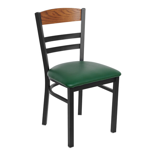 A black BFM Seating side chair with a green vinyl cushion.