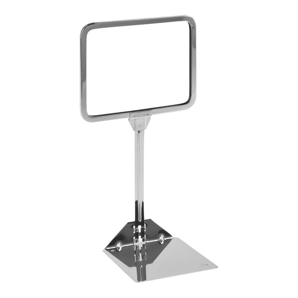 A silver metal Econoco sign holder with round corners and a shovel base holding a white rectangular sign.