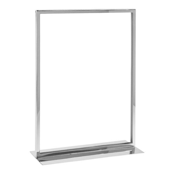 A chrome metal vertical sign holder with a flat base holding a white rectangular frame.