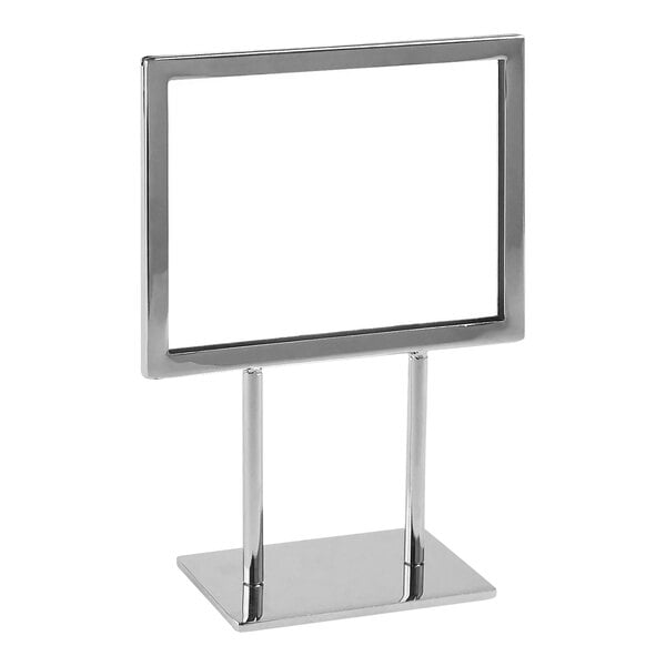 A silver rectangular sign holder with mitered corners and a flat base.