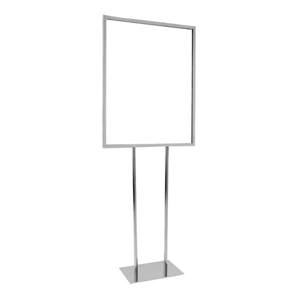 A silver metal standing bulletin sign holder with a white sign on it.