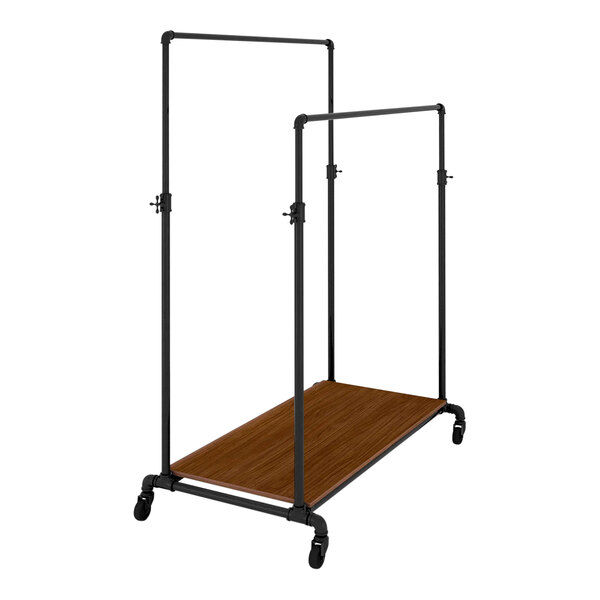 An anthracite gray metal clothing rack with adjustable double hangrails and a brown wood base shelf.