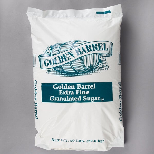 A white bag of Extra-Fine Granulated Pure Sugar with blue text.