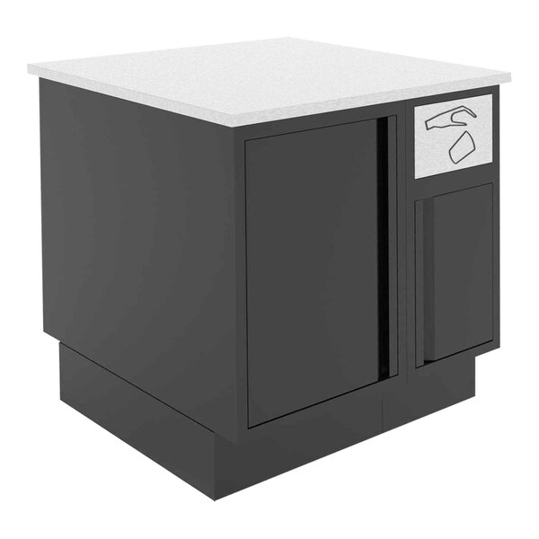 A black and white rectangular cabinet with a stainless steel counter and black doors.