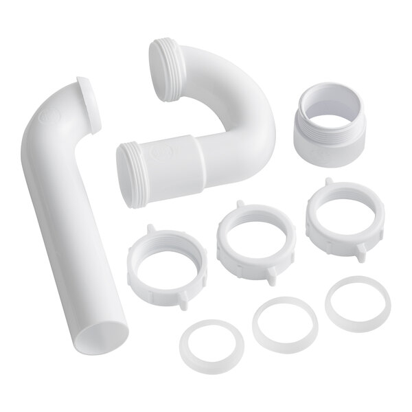 A white plastic pipe with various fittings including a clear plastic washer and a threaded PVC adapter.