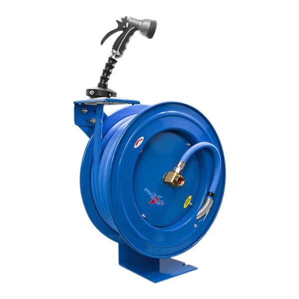A BluBird blue hose reel with a hose attached.