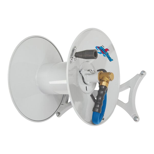 A BluBird white wall-mounted hose reel with a blue hose attached.