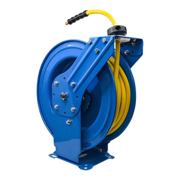 A blue BluBird hose reel with a yellow hose attached.