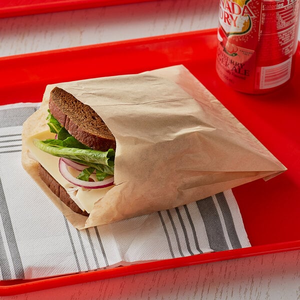 A sandwich in a Bagcraft EcoCraft paper bag on a red tray.