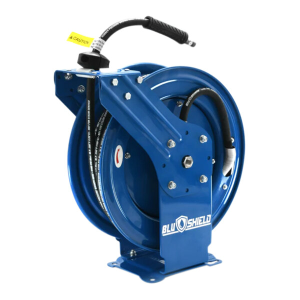 A blue metal BluBird hose reel with a black rubber hose attached.