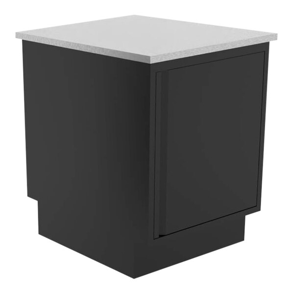 A black rectangular cabinet with a stainless steel counter.