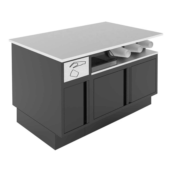 A black and stainless steel ShopCo modular food and beverage cabinet on a counter in a professional kitchen.