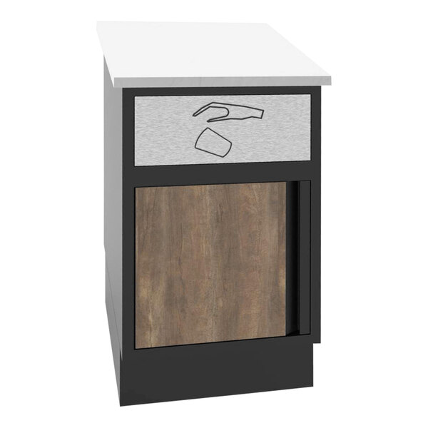 A white cabinet with a black Formica door and marble counter over a black trash can.
