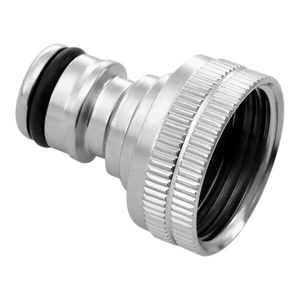 A silver and black BluBird hose connector with a white background.