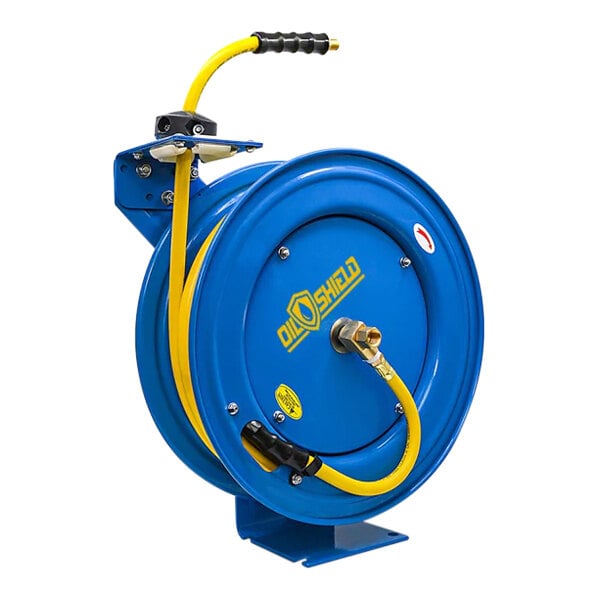A blue and yellow BluBird OilShield air hose reel with a hose attached.