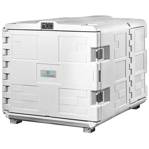 A white plastic Coldtainer portable freezer with metal doors.