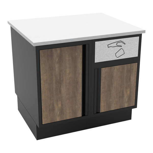 A black and white cabinet with wood doors on a wood counter.