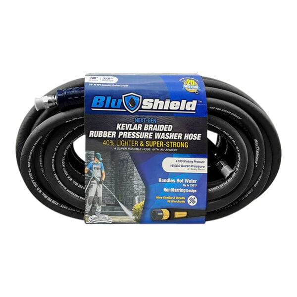 A black BluBird rubber pressure washer hose with coupler plug in a package with blue and white accents.