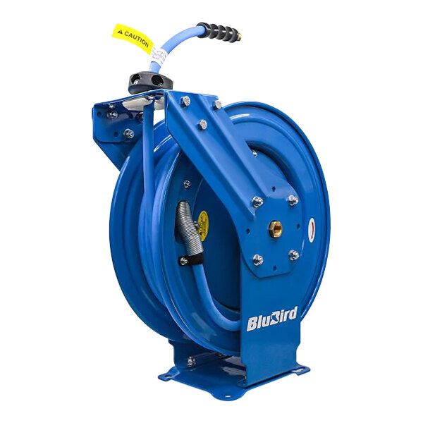A blue BluBird hose reel with a yellow label and black hose.