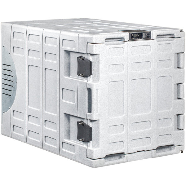 A white plastic Coldtainer with black hinges.