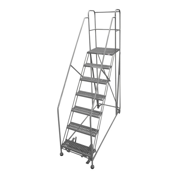 A gray powder-coated steel Cotterman rolling work platform with steps and handrails.