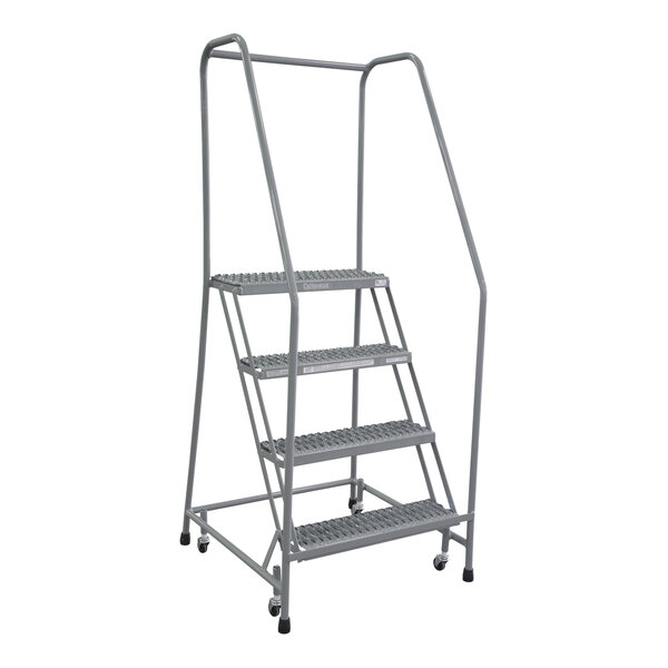 A gray powder-coated steel rolling ladder with four steps and wheels.