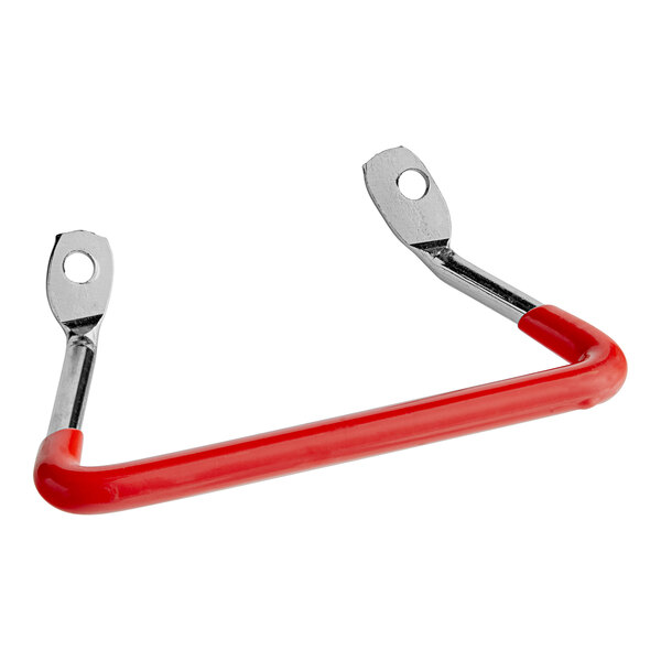 A red metal handle with two silver metal hooks.
