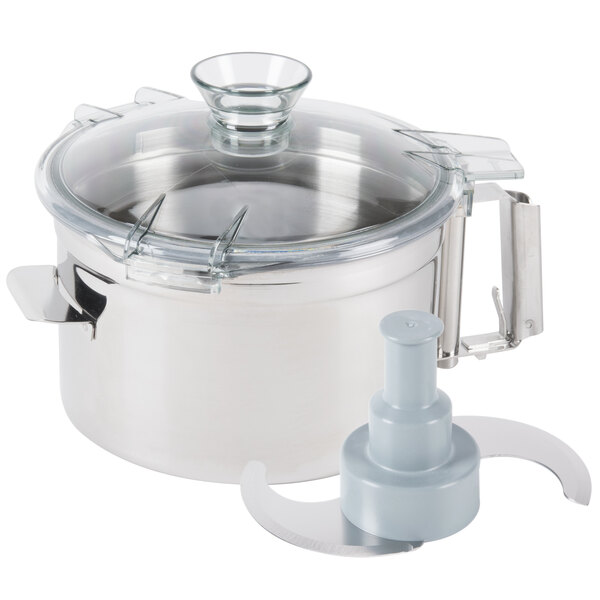 A stainless steel Robot Coupe cutter bowl with a lid.