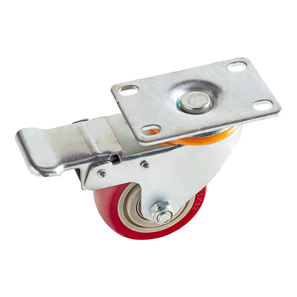 A metal and red wheel with a metal plate for a Backyard Pro Seafood Boiler Cart.